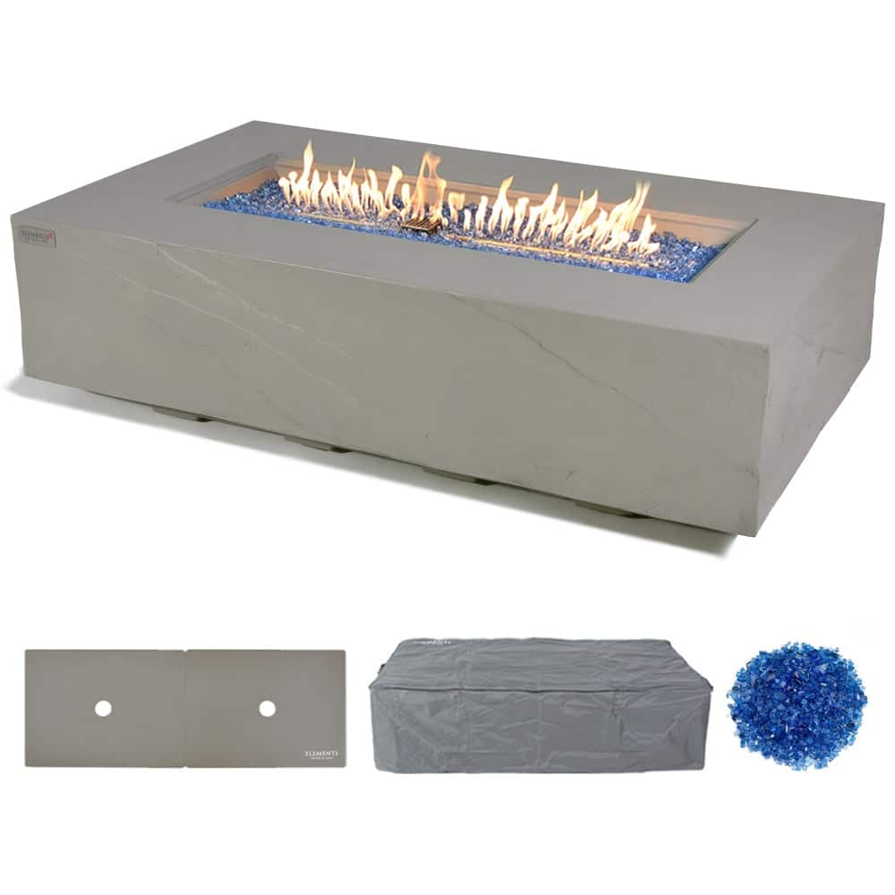 Elementi Plus Meteora Outdoor Fire Pit Table Concrete Rectangular 60000 BTU - 55.9 x 31.9 inches with Lid, Fire Glass, and Cover