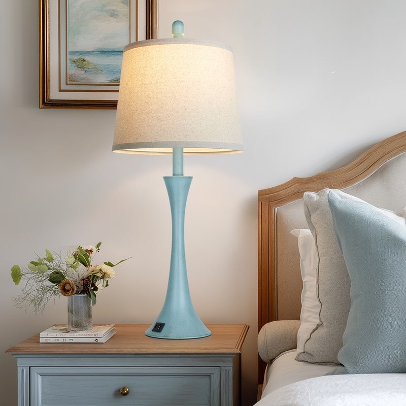Set of 2 Modern 26-Inch Table Lamps with Dual USB Charging Ports and Oatmeal Fabric Shades - 12'' x 12'' x 27.5''