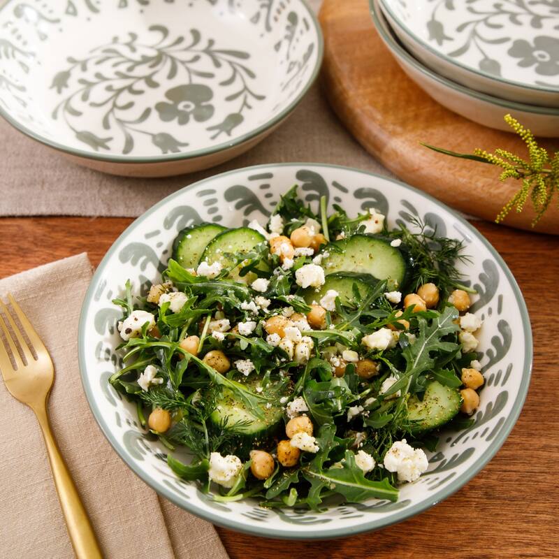 Bloomhouse - 2-Time Oprah's Favorite Things, Valencia Flor 4 Piece 8" Dinner Bowl Set, Stoneware, Floral Decal Design