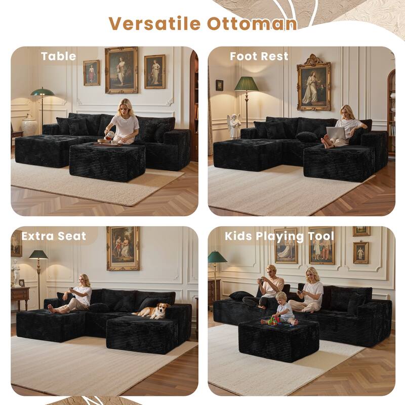 HOOOWOOO Modern Plush Corduroy L-shaped Sofa Chaise Lounge with Ottoman