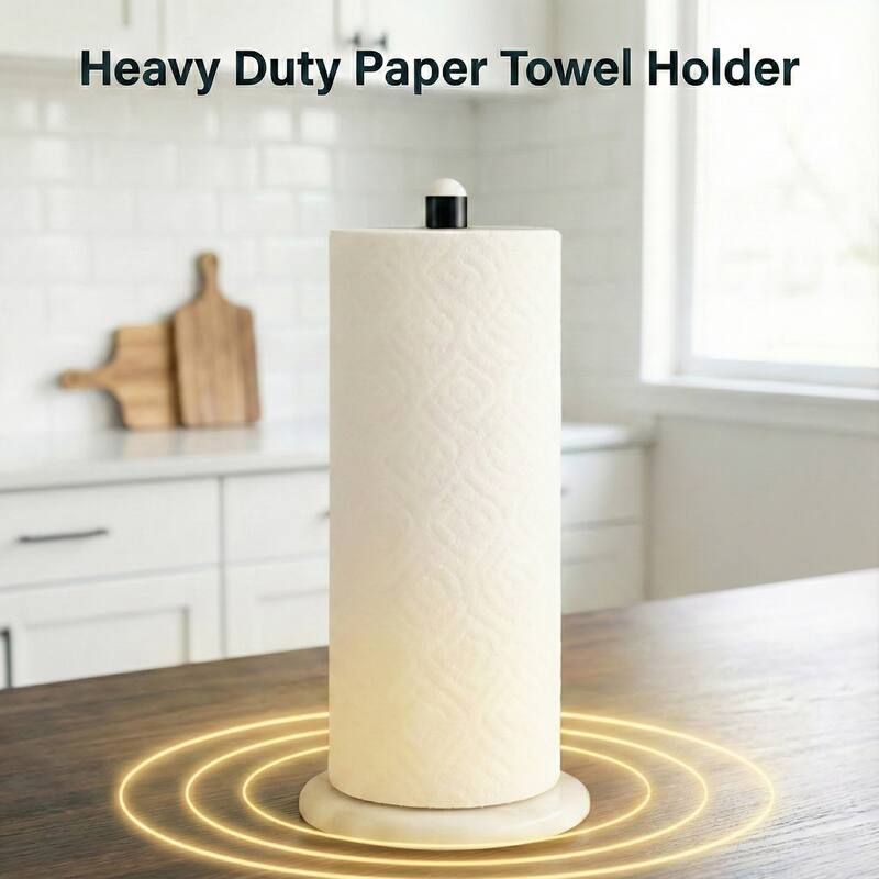 Creative Home White Marble Upright Paper Towel Holder with Black Metal Pole