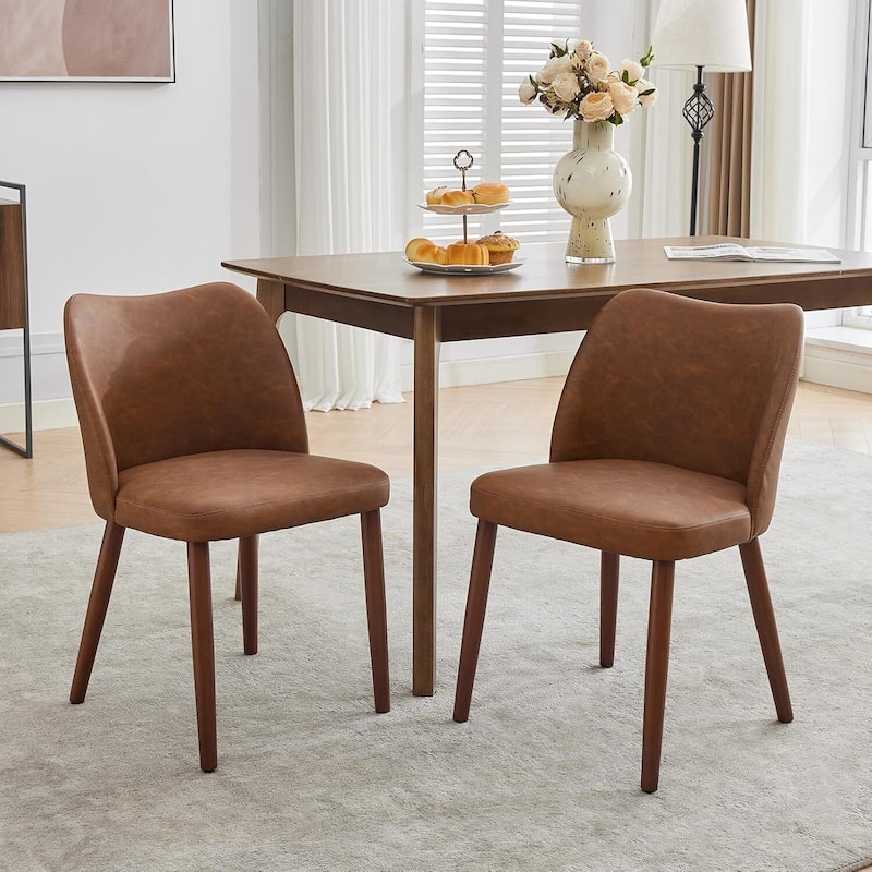 Set of 2 Upholstered PU Leather Dining Chairs for Dining Room Living Room Kitchen - Brown