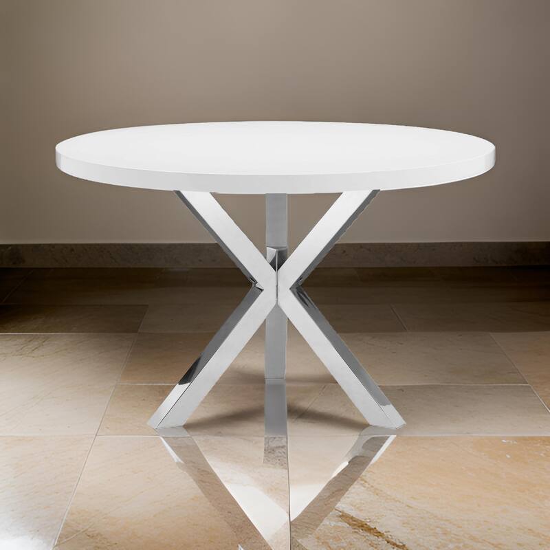 Emi 47 Inch Round Dining Table, X- Cross Brushed Steel, White Wood