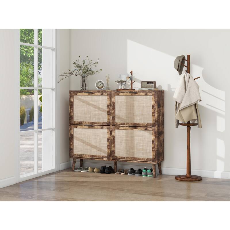 Elegant Shoe Cabinet with Double-Layer Doors,Sturdy Pine Legs and Adjustable Backplane