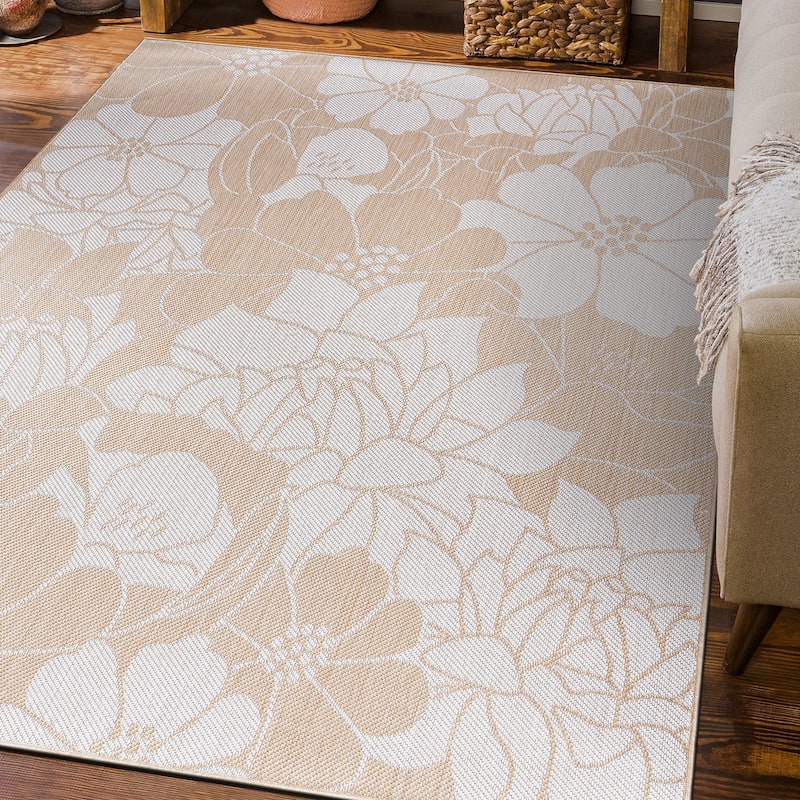 World Rug Gallery Modern Floral Flowers Textured Flat Weave Indoor/Outdoor Area Rug
