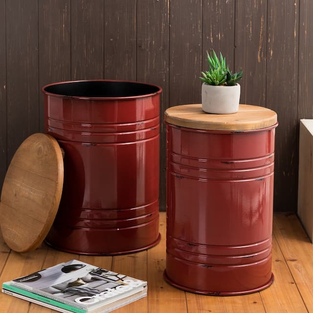 Glitzhome Industrial Farmhouse Round Storage End Tables (Set of 2) - Red