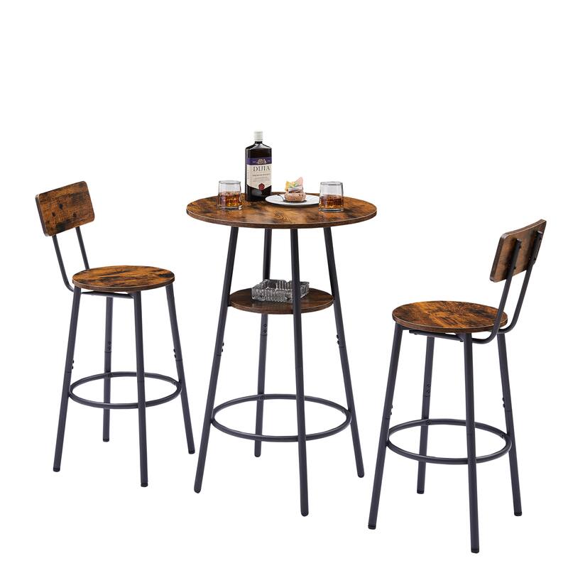 3-Piece Metal Frame Bar Dining Table Set with 2 Stools & Round Table