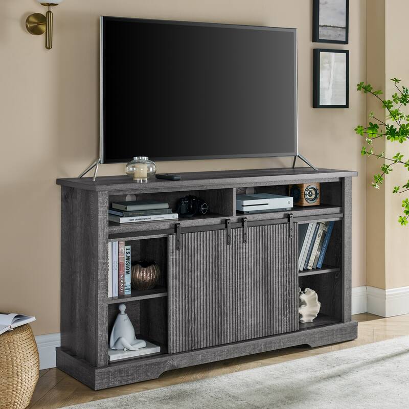 Rustic Sliding Barn Door TV Stand with Upper Lower Storage Shelf and Adjustable Shelves for Living Room