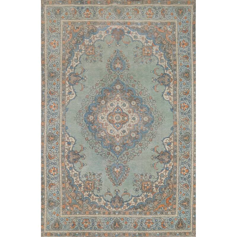 Turquoise Green Tabriz Persian Vintage Area Rug Handmade Wool Carpet - 6'8"x 9'6"