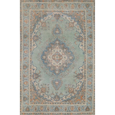 Turquoise Green Tabriz Persian Vintage Area Rug Handmade Wool Carpet - 6'8"x 9'6"