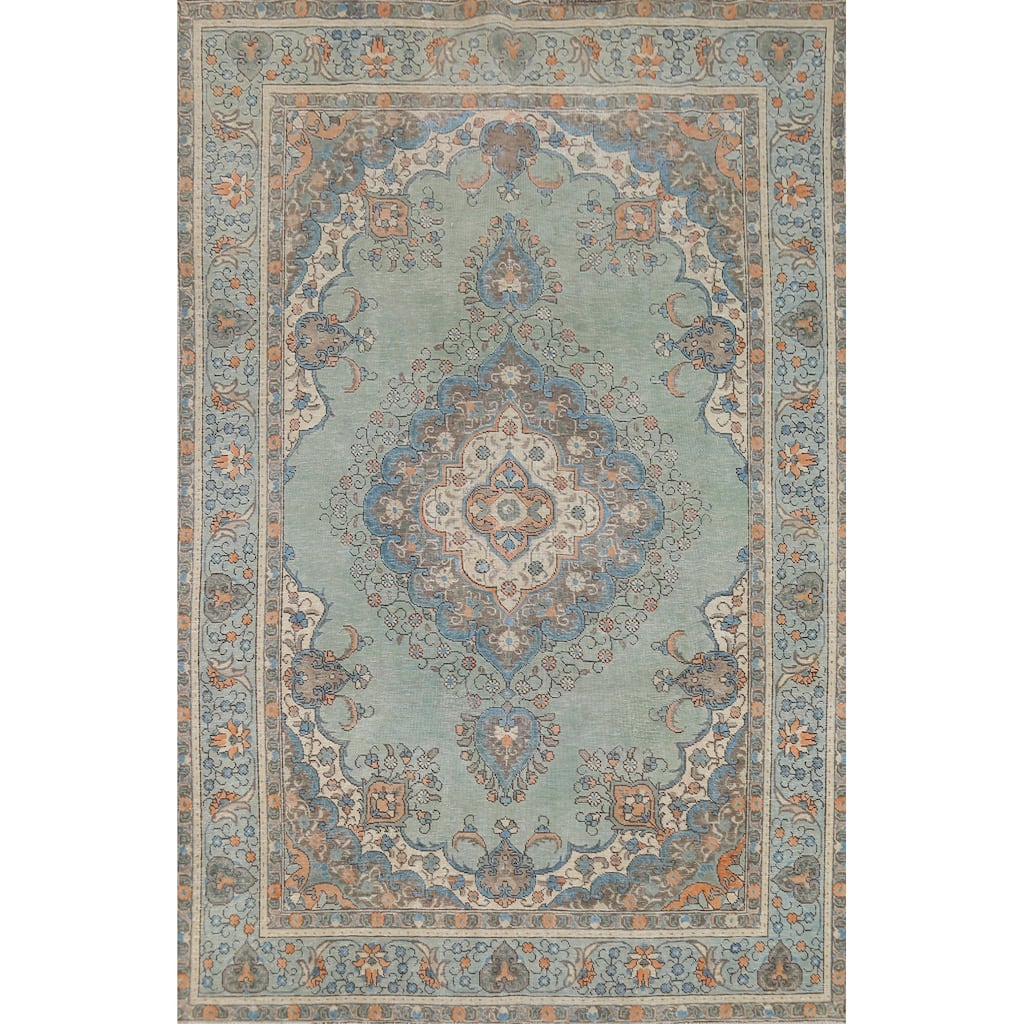 Turquoise Green Tabriz Persian Vintage Area Rug Handmade Wool Carpet - 6'8"x 9'6"
