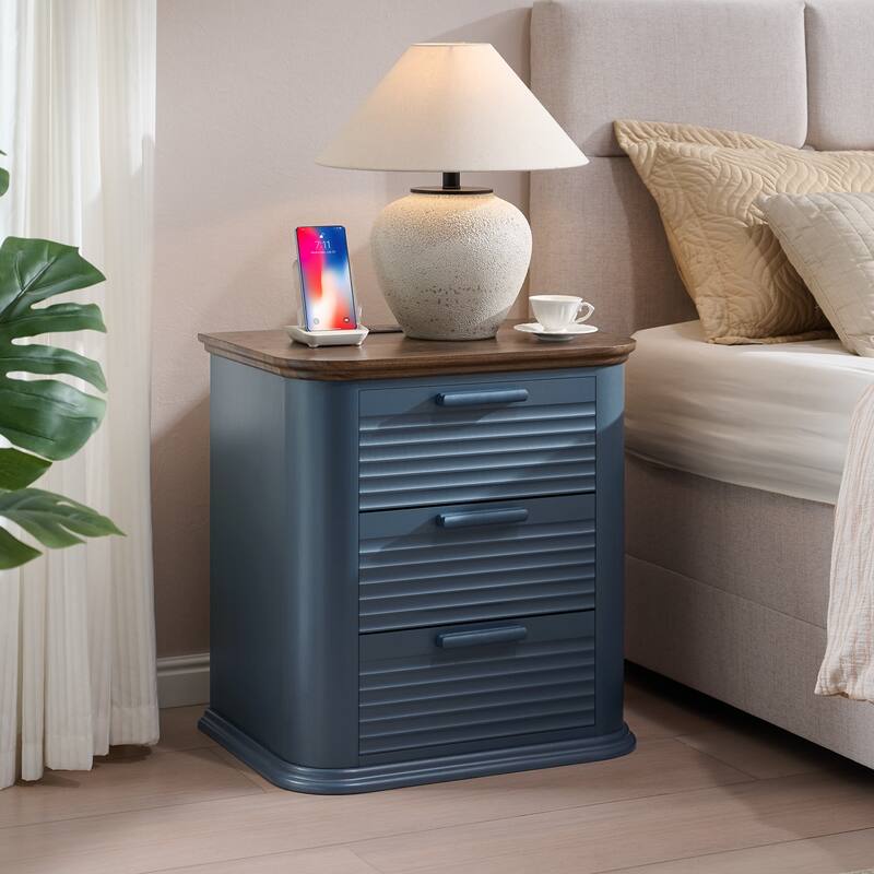 22" Wide Fluted Nightstand with Charging Station, Modern End Table, Wood 3 Drawer Dresser, Large Bedside Tables - Navy Blue