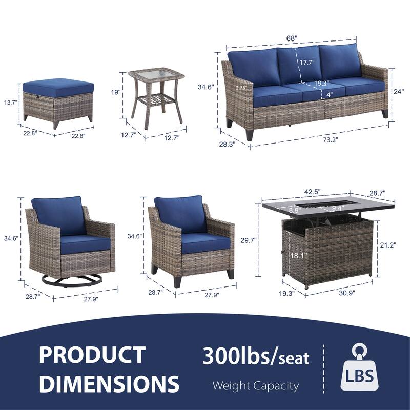 Glissia 9-Piece Gray Wicker Fire Pit Conversation Set with height-adjustable fire pit