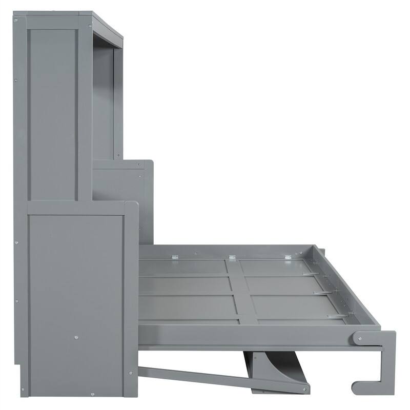 Full/Queen Size Wooden Murphy Bed with Desk, Foldable Murphy Bed Cabinet w/ Hydraulic Lift Design, Space Saving Murphy Chest Bed