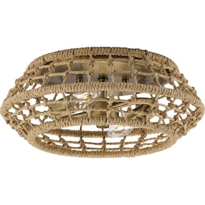 Laila Collection 12-1 4 in. Two-Light Vintage Brass Coastal Flush Mount with Woven Jute Accents - 12.25 in x 12.25 in x 4.5 in