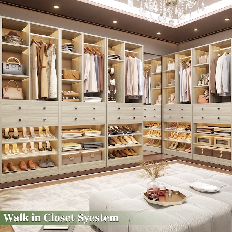 27.7'' Closet Organizer with Shoe Racks and Drawers, Closet System with Hanging Rod and Adjustable Shelves