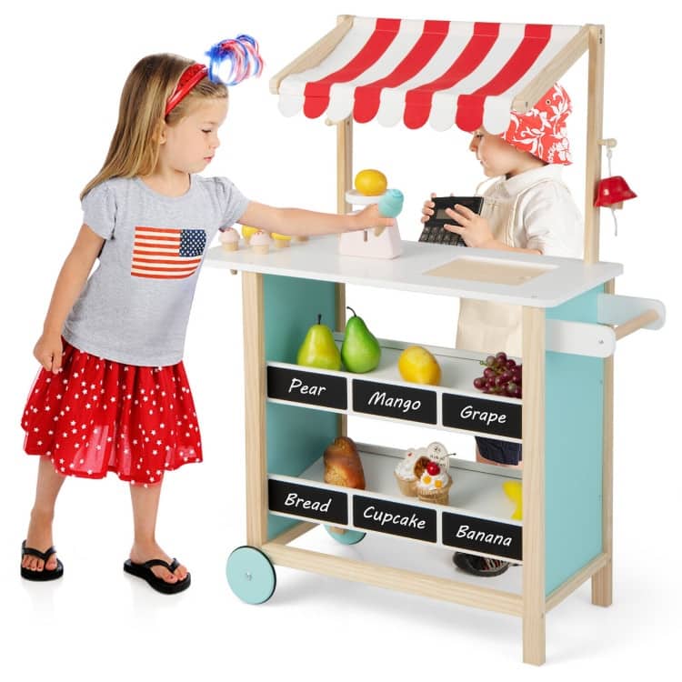 Kids Wooden Ice Cream Cart with Chalkboard and Storage - 31"L x 11.5"W x 39.5"H