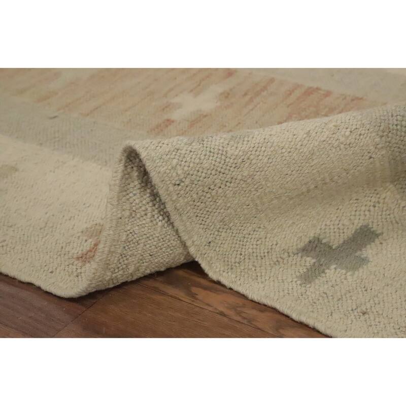 Hand Woven Oriental 100% Wool Carpet Southwestern Tribal Beige & Ivories Kilim Area Rug - 11' 4'' X 8' 4''