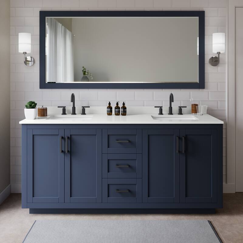 Wyndham Collection WCF292972D-QTZ-US3MXX Miranda 72" Free Standing - Dark Blue / White Quartz Top / Matte Black