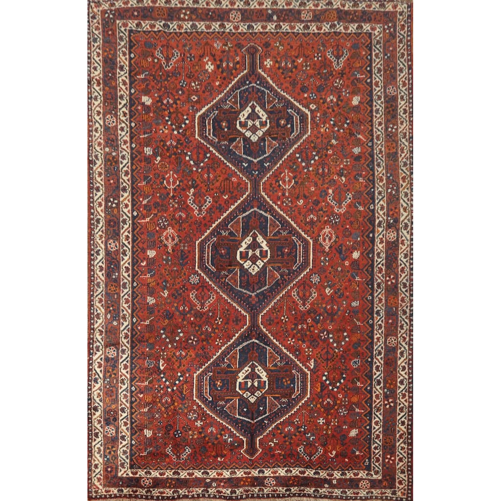 Hand Knotted Oriental 100% Wool Carpet Traditional Tribal Oranges & Rust Shiraz Area Rug - 10' 5'' X 7' 3''