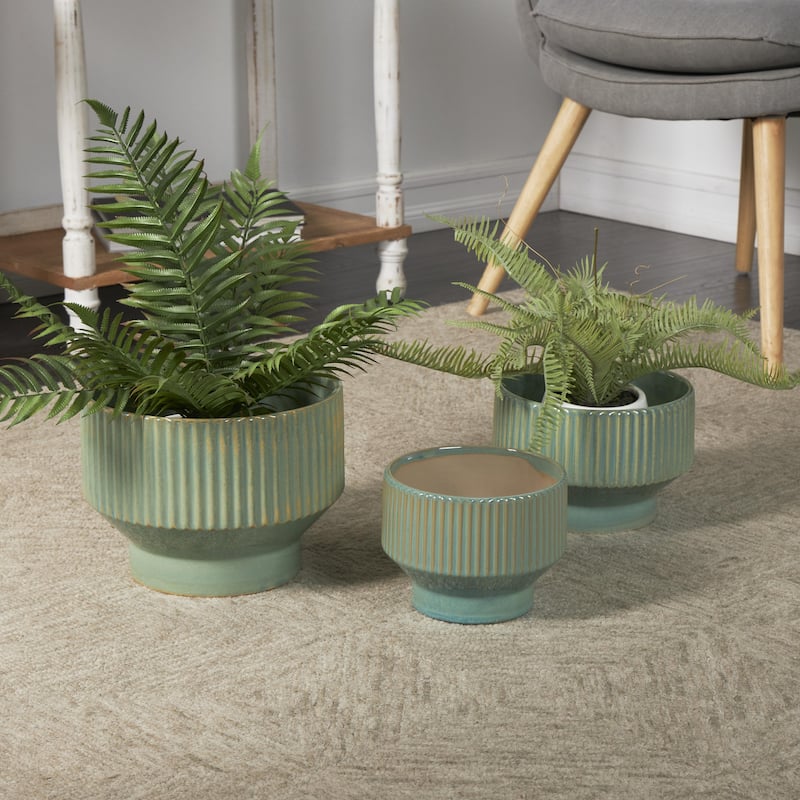 Ceramic Wide Indoor Outdoor Planter with Linear Grooves and Tapered Bases - Set of 3 Green, White, Cream - Roche River Decor
