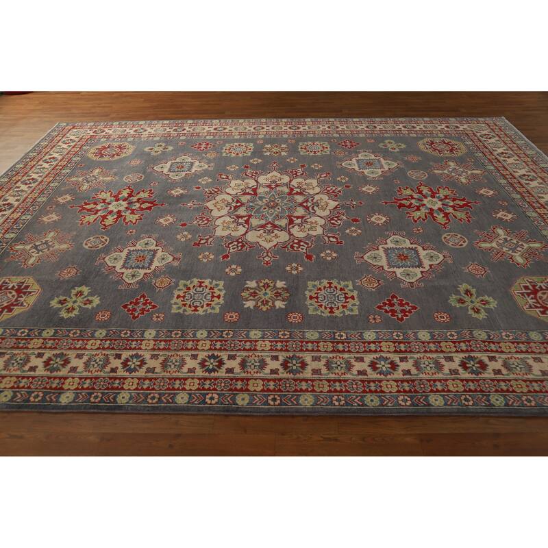 Hand Knotted Oriental 100% Wool Carpet Traditional Geometric Greys & Charcoal Kazak Area Rug - 11' 11'' X 9' 0''