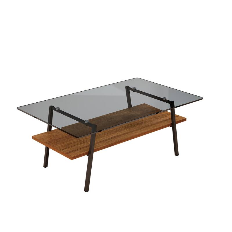 Rectangle Coffee Table, Tempered Glass Tabletop with Black Metal Legs - Walnut