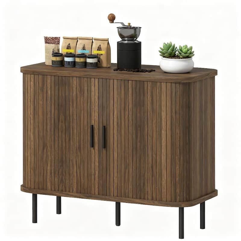 Storage Cabinet Sideboard Buffet Cabinet with Storage, Nordic Coffee Bar Cabinet with Slatted Tambour Doors and Metal Legs