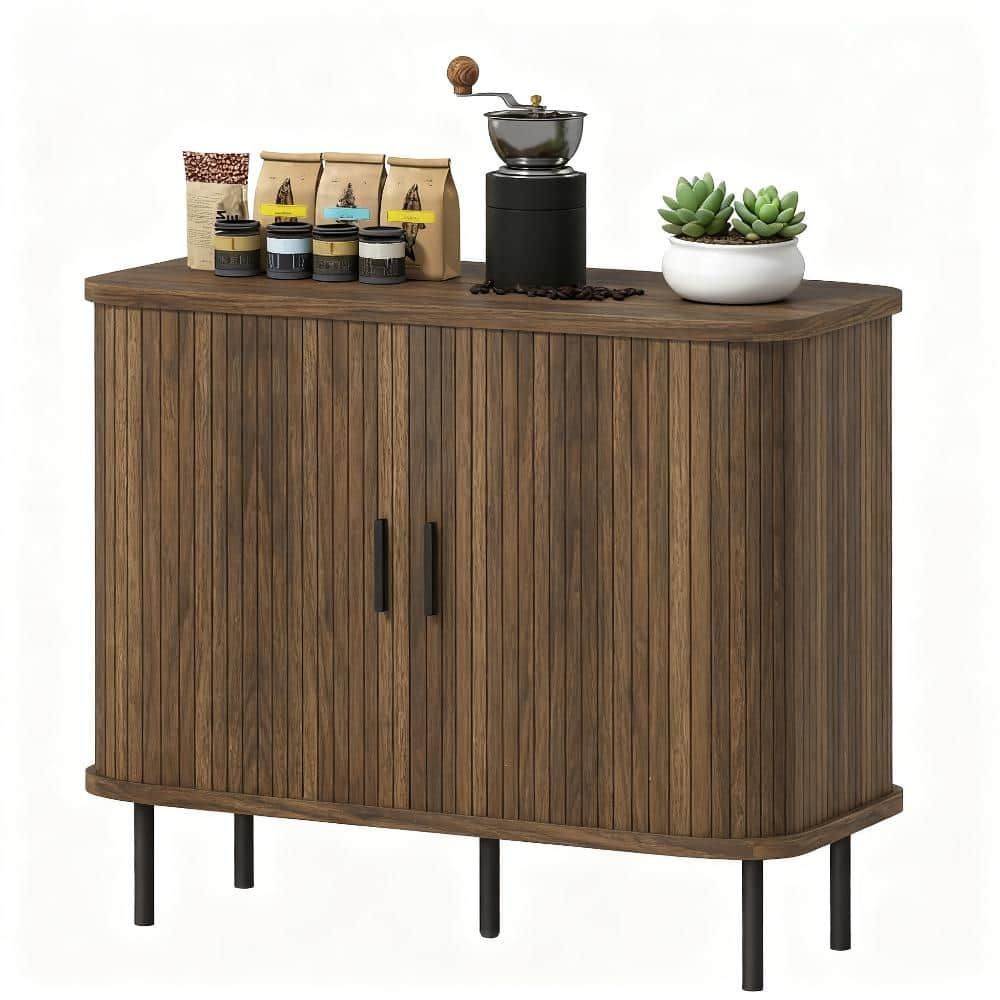 Storage Cabinet Sideboard Buffet Cabinet with Storage, Nordic Coffee Bar Cabinet with Slatted Tambour Doors and Metal Legs