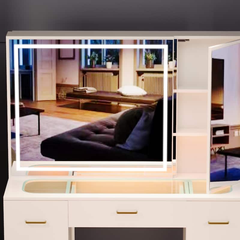 Glass Top Vanity Set with Lighted Mirror,Extra Large Mirror Makeup Vanity Table with 7 Drawers&Cushioned Stool
