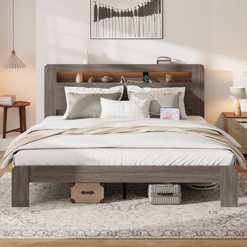 Wood Platform Bed Frame with Storage LED Light Headboard and 2 USB