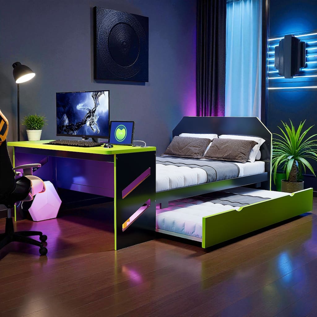 Full Size Wooden Daybed with Twin Trundle, Desk with USB Port, Storage-Friendly Design, Multi-Functional Bed Frame