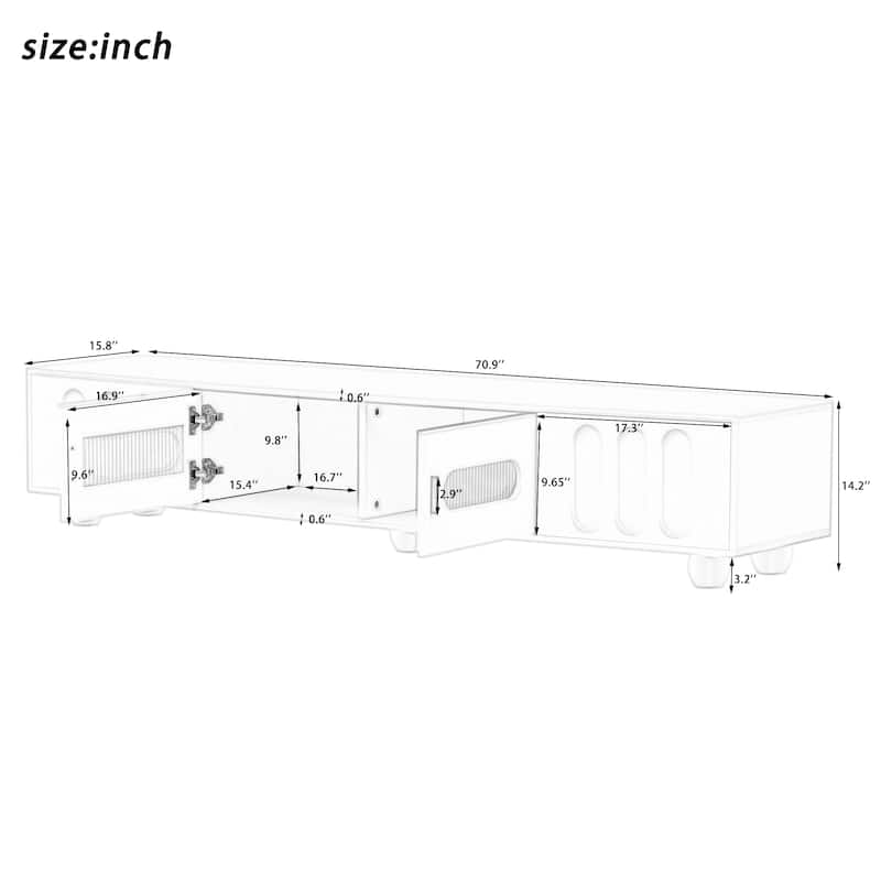 Modern 71" TV Console for 80 Inch TVs, Entertainment Cabinet with Arched Glass Doors, Oval Drawer Fronts, Solid Wood Legs