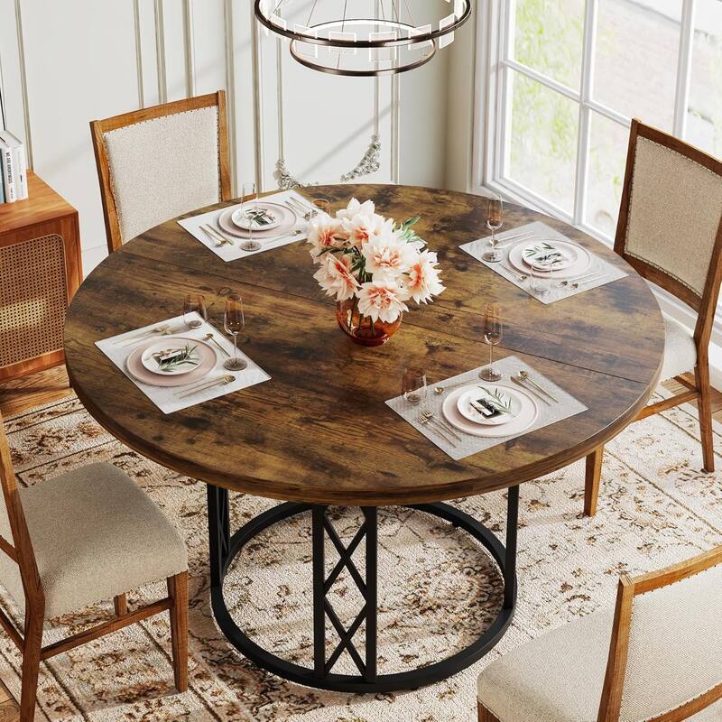 47" Modern Round Dining Table for 4-6, Rustic Industrial Kitchen Table