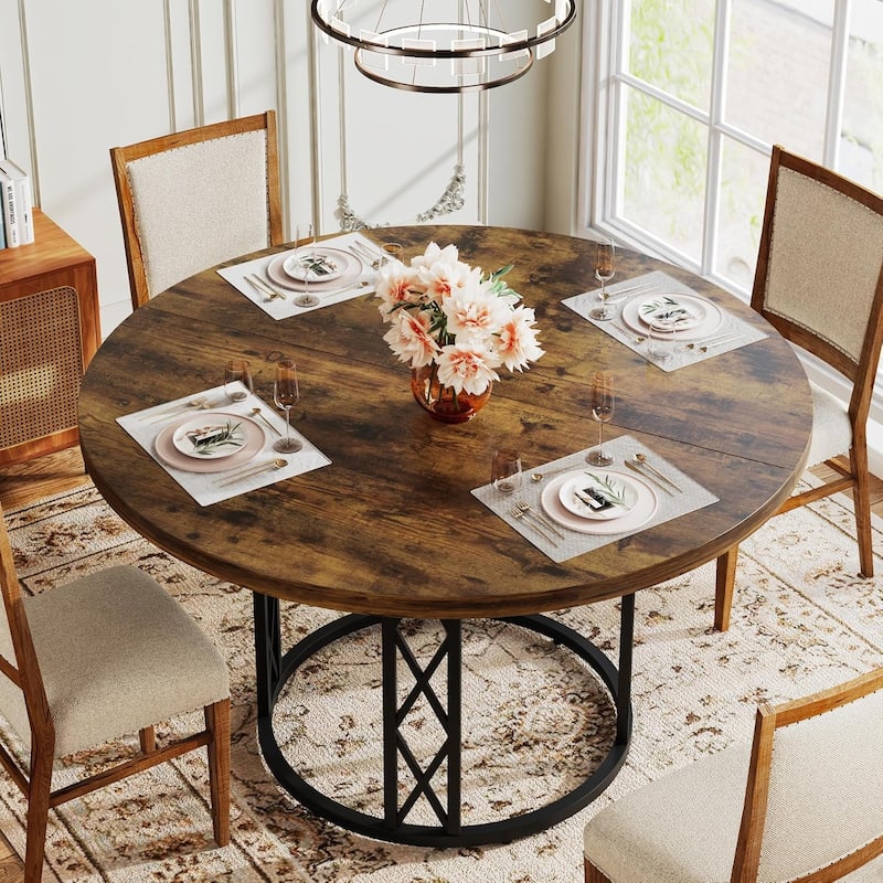 47 Inches Modern Round Dining Table for 4-6, Industrial Kitchen Table with Wood Grain Top & Circle Metal Base (Table Only)