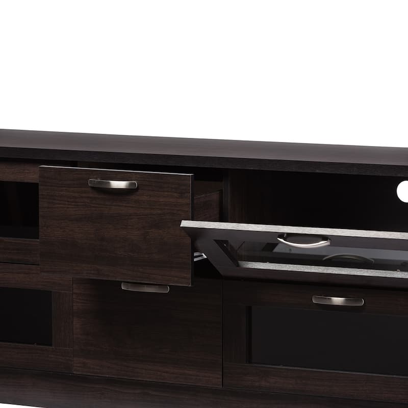 Adelino 63 Inches Dark Brown Wood TV Cabinet with 4 Glass Doors and 2 Drawers - 24.57"H x 62.4"W x 15.6"D