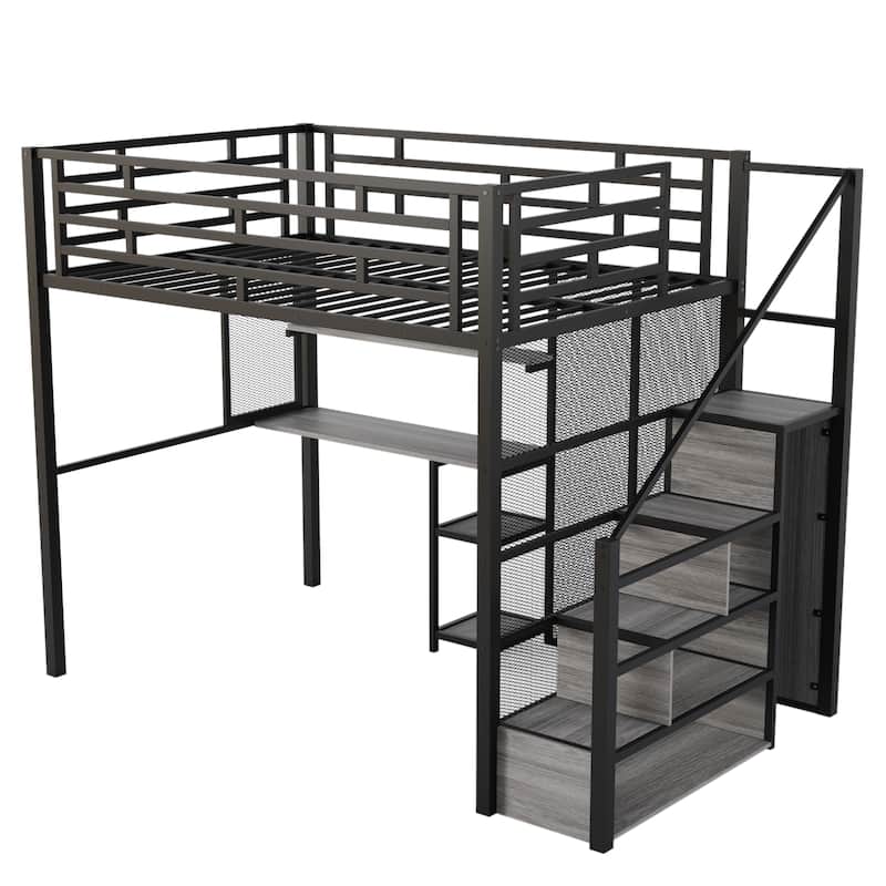 Black Full Size Metal Loft Bed with Wardrobe, Desk and Storage Shelves for Bedroom