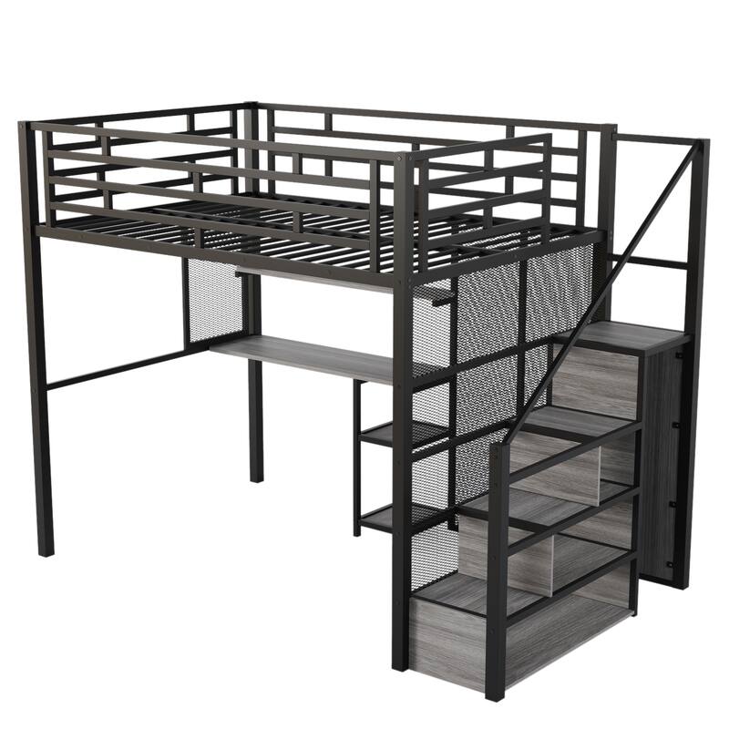 Full Size Metal Loft Bed with Wardrobe, Desk, and Storage Shelves