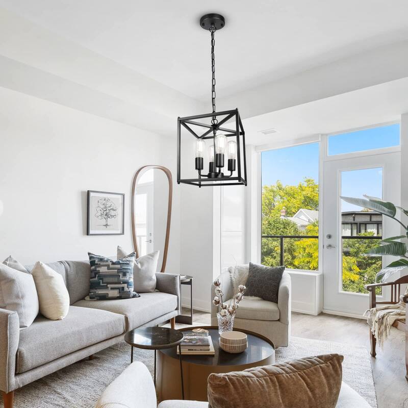 4-Light Black Farmhouse Chandelier, Iron Lantern Pendant Light Rustic Cage Adjustable Height, E26 Base Industrial Hanging Lights