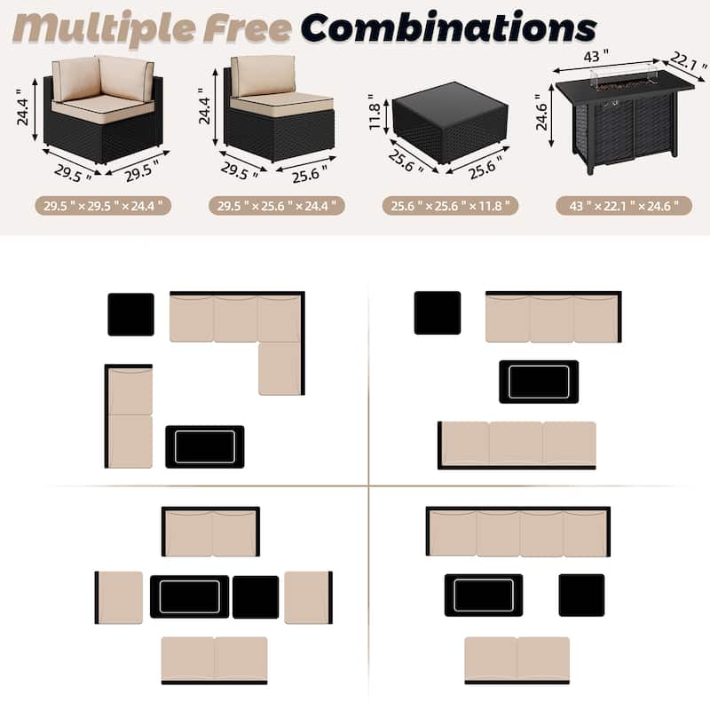 8-Piece Outdoor Patio Wicker Conversation Set with Fire Pit Table, Sectional Sofa & Cushions - N/A