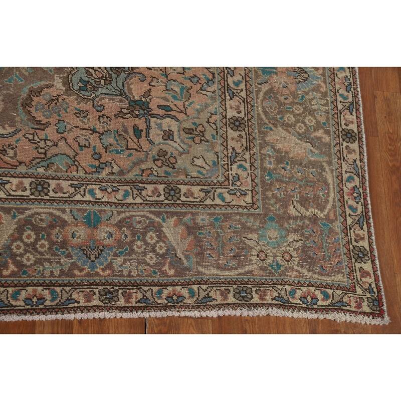 Brown Medallion Tabriz Persian Vintage Rug Hand-Knotted Wool Carpet - 8'2"x 11'5"