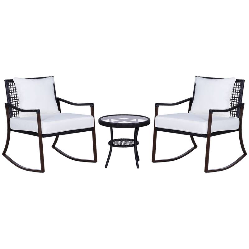 Brown Wicker Outdoor Rocking Chair Set with Cream Cushions and Table - 25.75" W x 30" D x 32.5" H - Brown-Cream White