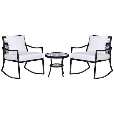 Brown Wicker Outdoor Rocking Chair Set with Cream Cushions and Table - 25.75" W x 30" D x 32.5" H