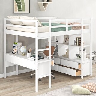 Merax Loft Bed with Built-in Desk, Storage Shelves and Drawers