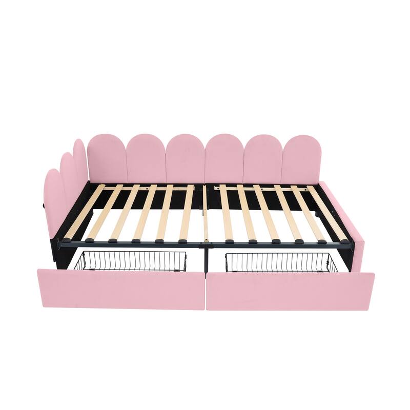 L-Shape Garden Backrest Daybed, Velvet Upholstered Sofabed with 2 Drawers, Soft Fabric Headboard Platform Bed Frame