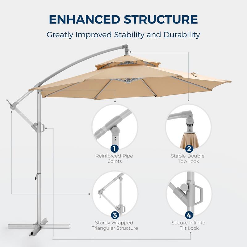 10ft Patio Umbrella, Outdoor Offset Cantilever Umbrella, Infinite Tilt, Crank and Cross Base for Garden, Swimming Pool Umbrella