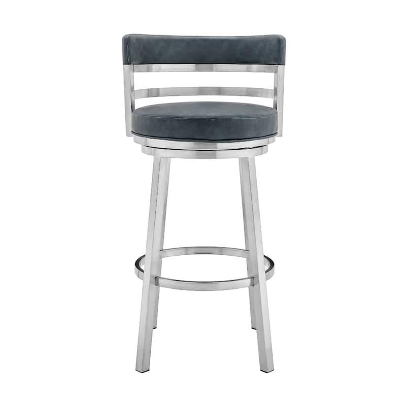 Blue Faux Leather Swivel Bar Chair with Silver Iron Frame, Bar Height and Footrest - 21” x 20” x 40” (D x W x H)