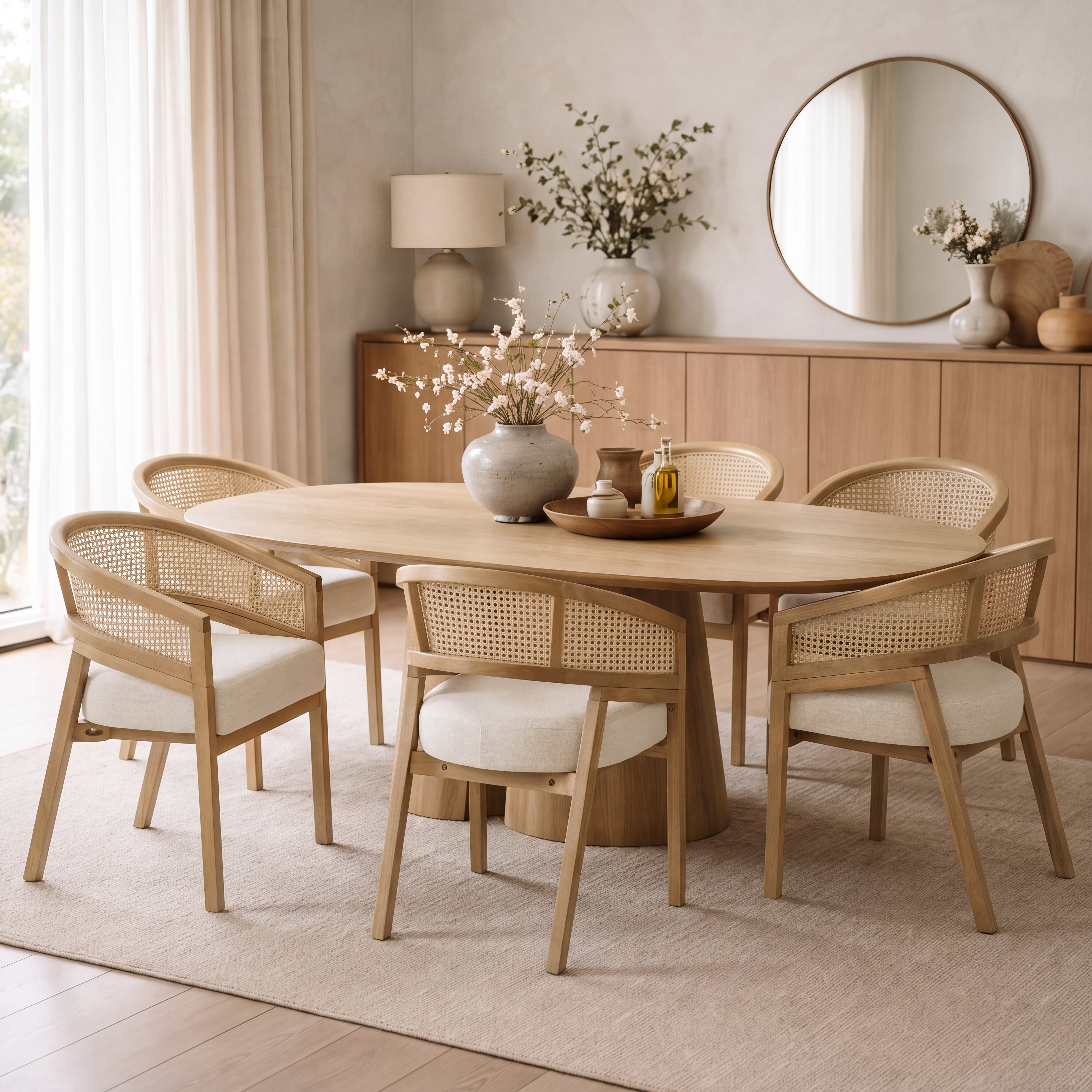 Christopher Knight Home - Mid-Century Modern Set of 6 Dining Chairs with Rattan Cane Back and Upholstered Seats