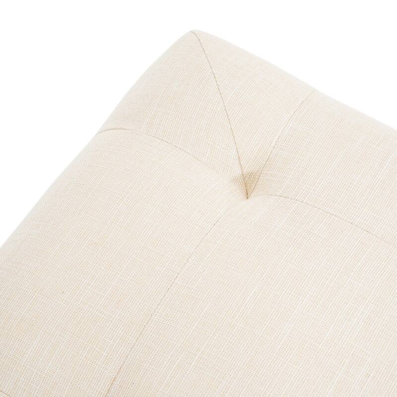 Square Upholstered Tufted Linen Fabric Ottoman, Solid Wood Legs, Beige