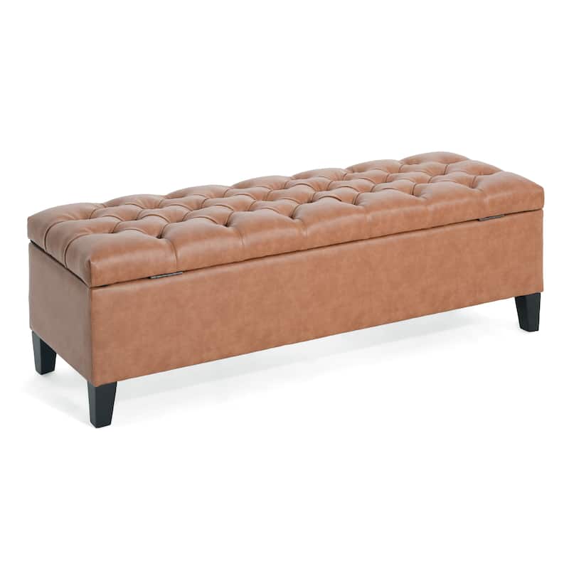 Button-Tufted PU Storage Ottoman - Cognac Brown Upholstered Accent Piece